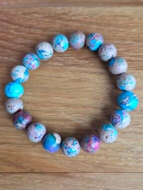 Blue & Tan Sea Sediment Jasper Beads Stretch Bracelet, Hand Crafted
